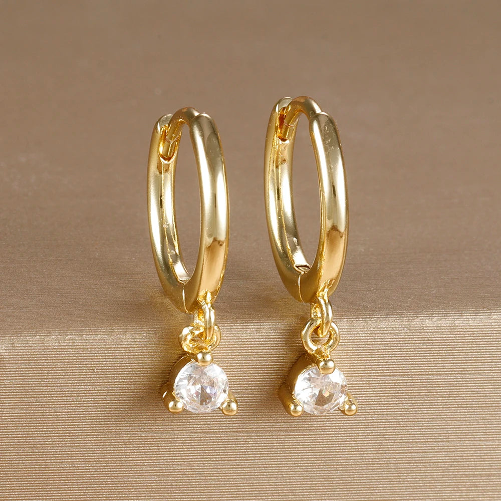 18K Gold Plated Green Zirconia Huggies Hoop Earrings Square Pendant