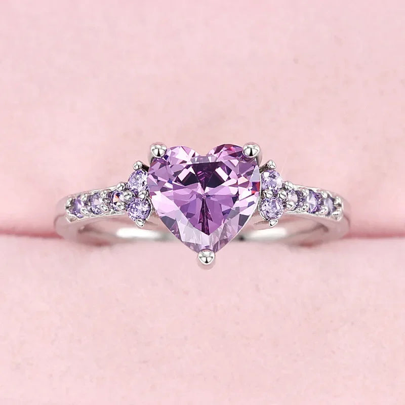 925 Sterling Silver Sparkling Zircon White Purple Elegant Love Heart Ring Party Engagement Jewellery