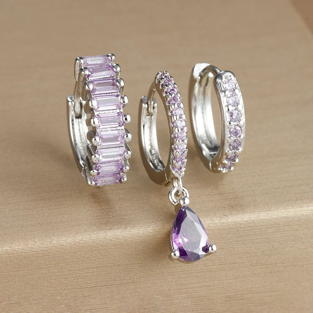 3PCS Stainless Steel Gold Plated Hoop Earrings Zircon Pendant