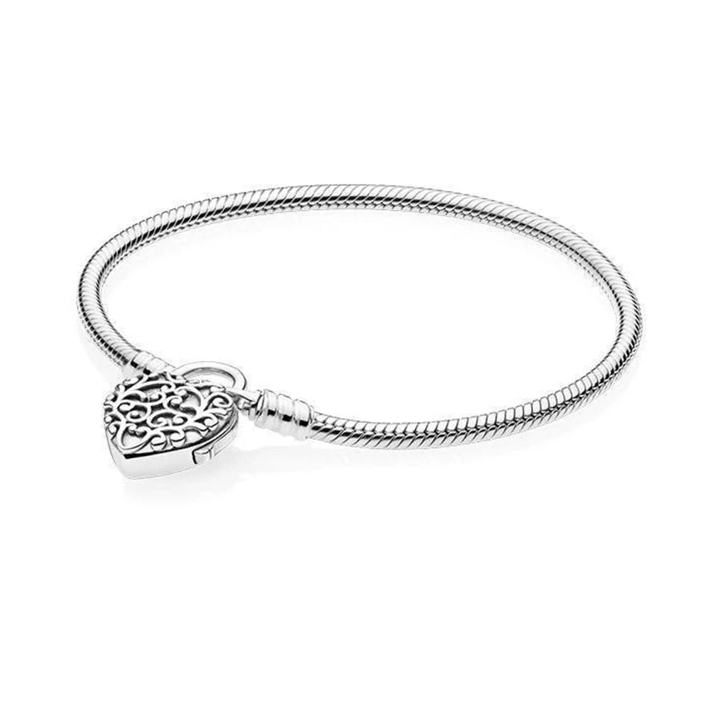 For Women 925 Sterling Silver Moments Heart Closure Bracelet Classic Snake Chain Jewelry Gift Fit Original Charm DIY