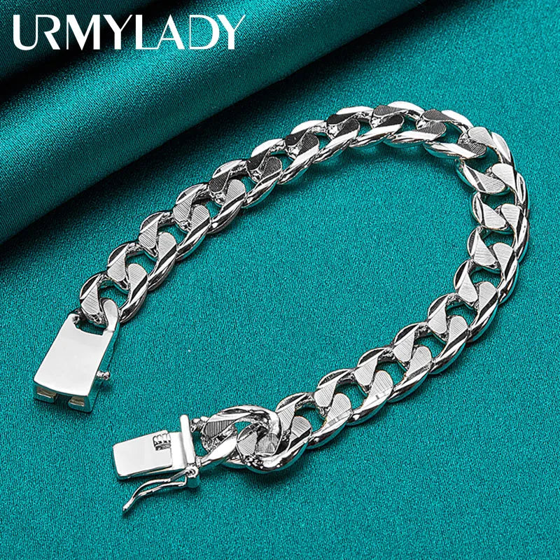 10mm Side Chain Bracelet 925 Sterling Silver Men Women Wedding Charm Gift
