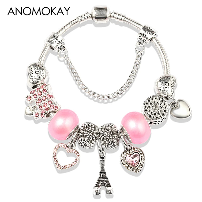Romantic Pink Heart Charm Bracelet Fine Crystal DIY Bead Bangle Gift