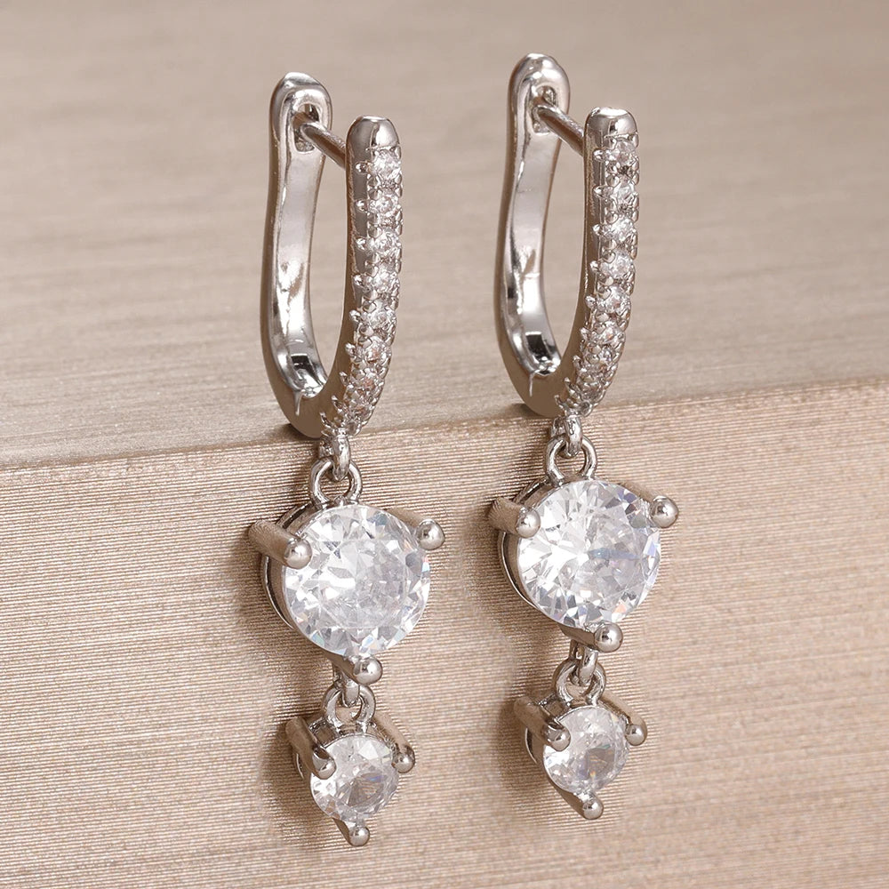 2PCS Stainless Steel Cubic Zirconia Drop Earring Shiny Pendant