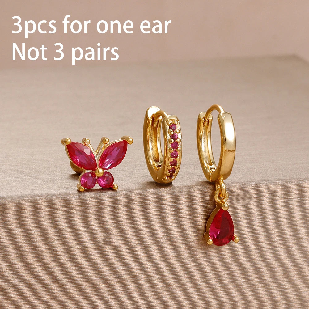 3PCS Unique Stainless Steel Earrings Set Rose Red Crystal Zircon