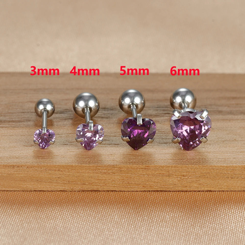 1PC Fashion Zircon Heart Helix Tragus Piercing Stud Earrings Steel