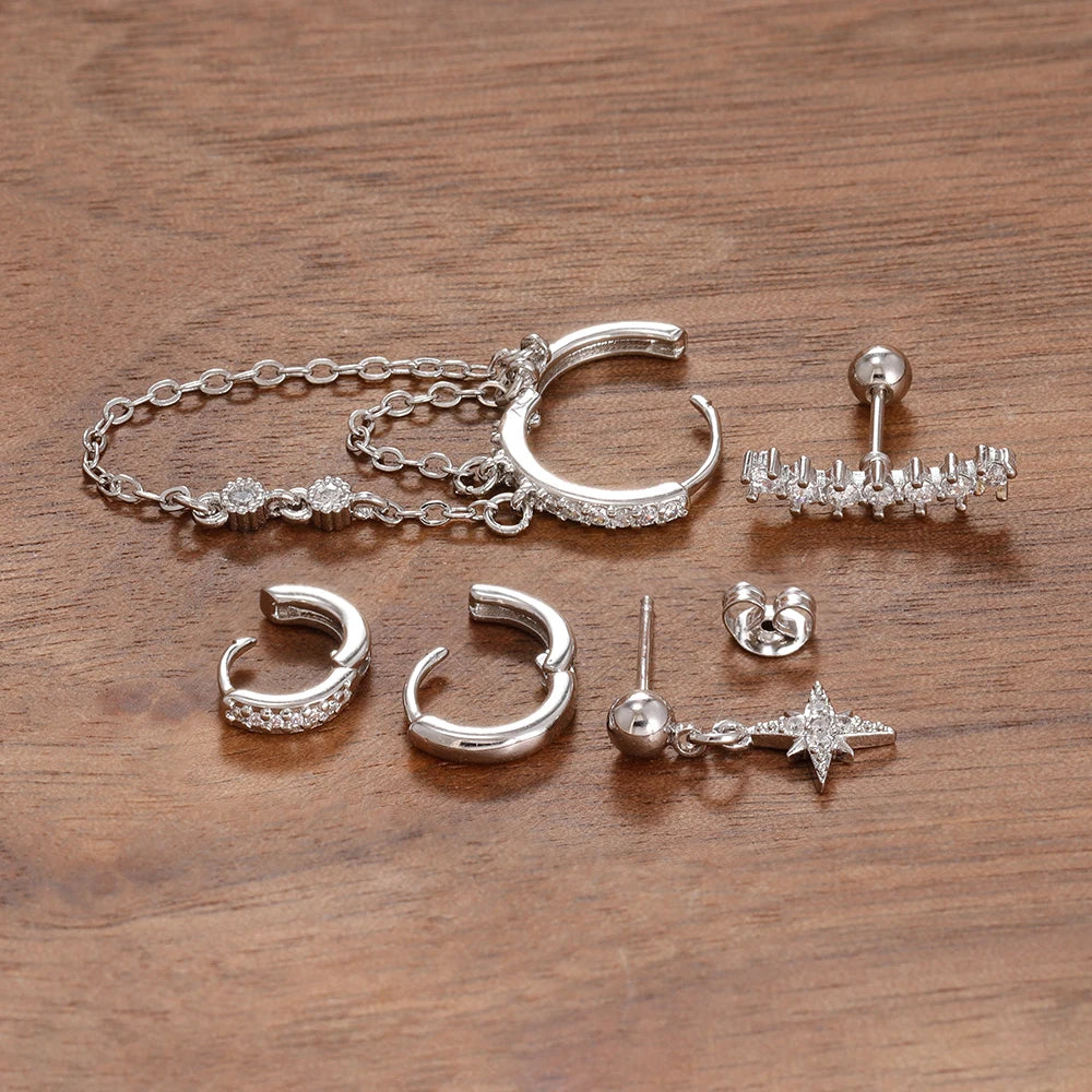 5PCS Crystal Zirconia Stainless Steel Hoop Earrings Star Chain