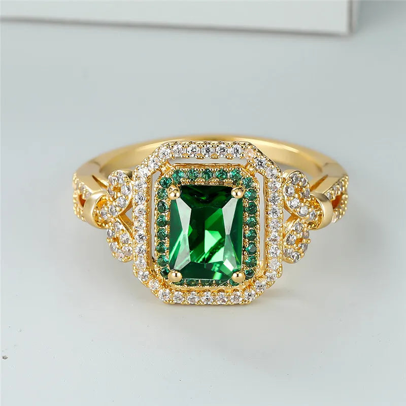 Classic Gold Color Wedding Ring Female Luxury Crystal Engagement Ring Green Zircon Square Stone Rings For Women Minimalist Bands