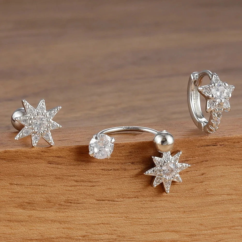3PCS Gold Sparkling Zircons Star Dangle Earrings Set for Women
