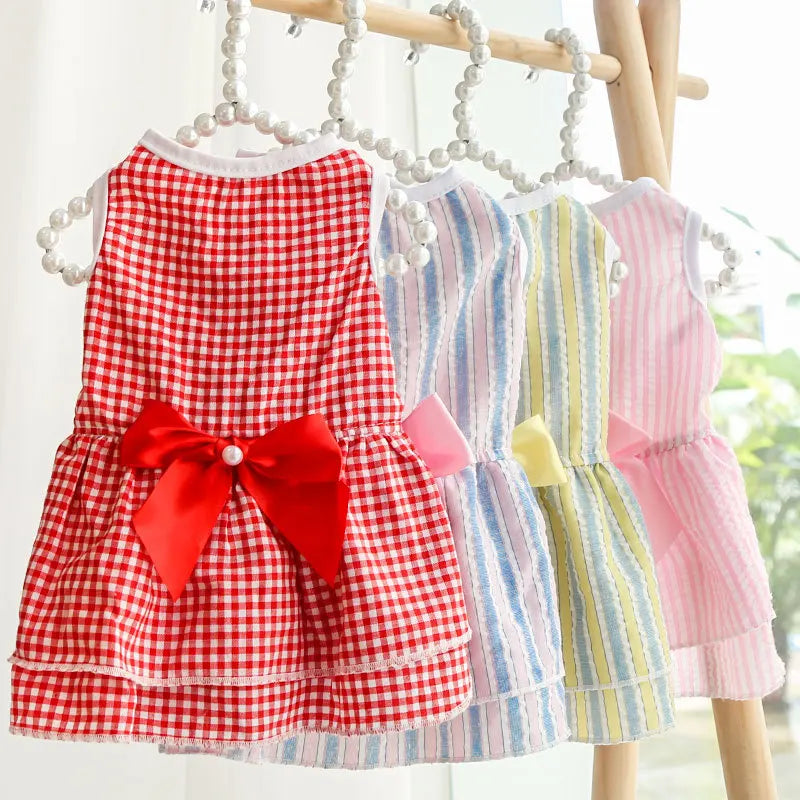 Outdoor Dog Cat Dress with Bow, Cute & Breathable Sundress for Walking, Lightweight Travel Outfit with Bow Tie, Easy Wear for Sm