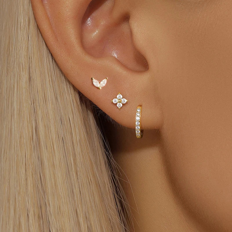 3PCS Stainless Steel Minimalist Huggie Hoop Earrings Green Zircon