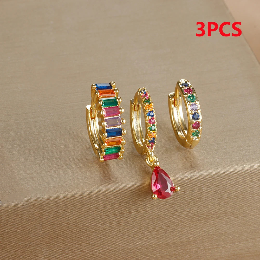 3PCS Stainless Steel Gold Plated Hoop Earrings Zircon Pendant