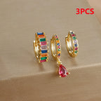 3PCS Stainless Steel Gold Plated Hoop Earrings Zircon Pendant