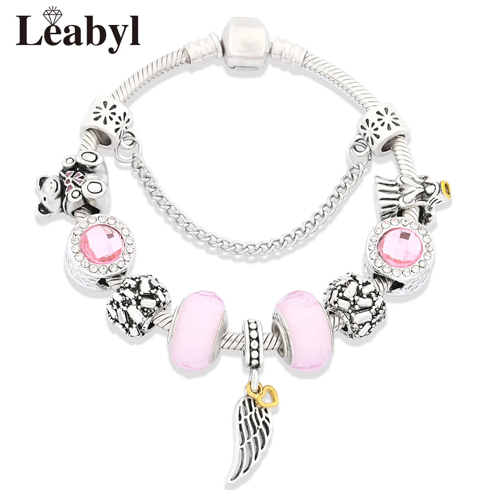 Romantic Pink Heart Charm Bracelet Fine Crystal DIY Bead Bangle Gift