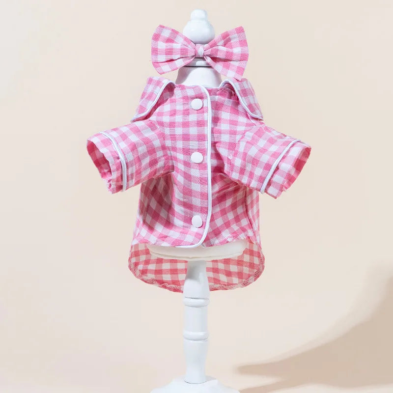 Grid Pattern Cat Dog Pajamas Set Soft Sleepsuit with Flower Headband