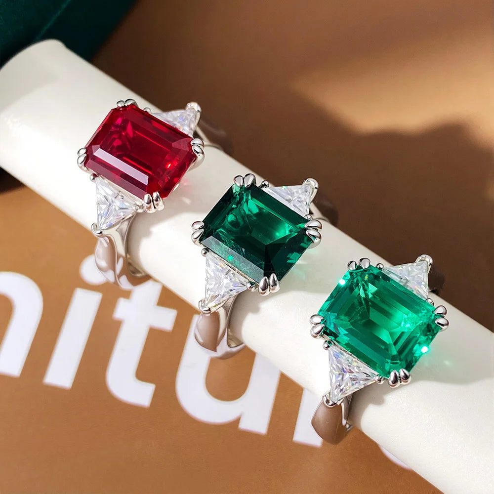4ct Lab Grown Ruby Colombian Emerald Ring 925 Sterling Silver Moissanite Band