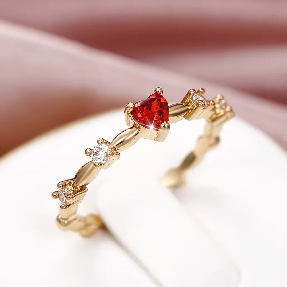 925 Sterling Silver Plated 18K Gold Zircon Red Love Heart Ring Party Wedding Vintage Fine Jewellery