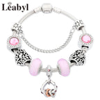 Romantic Pink Heart Charm Bracelet Fine Crystal DIY Bead Bangle Gift
