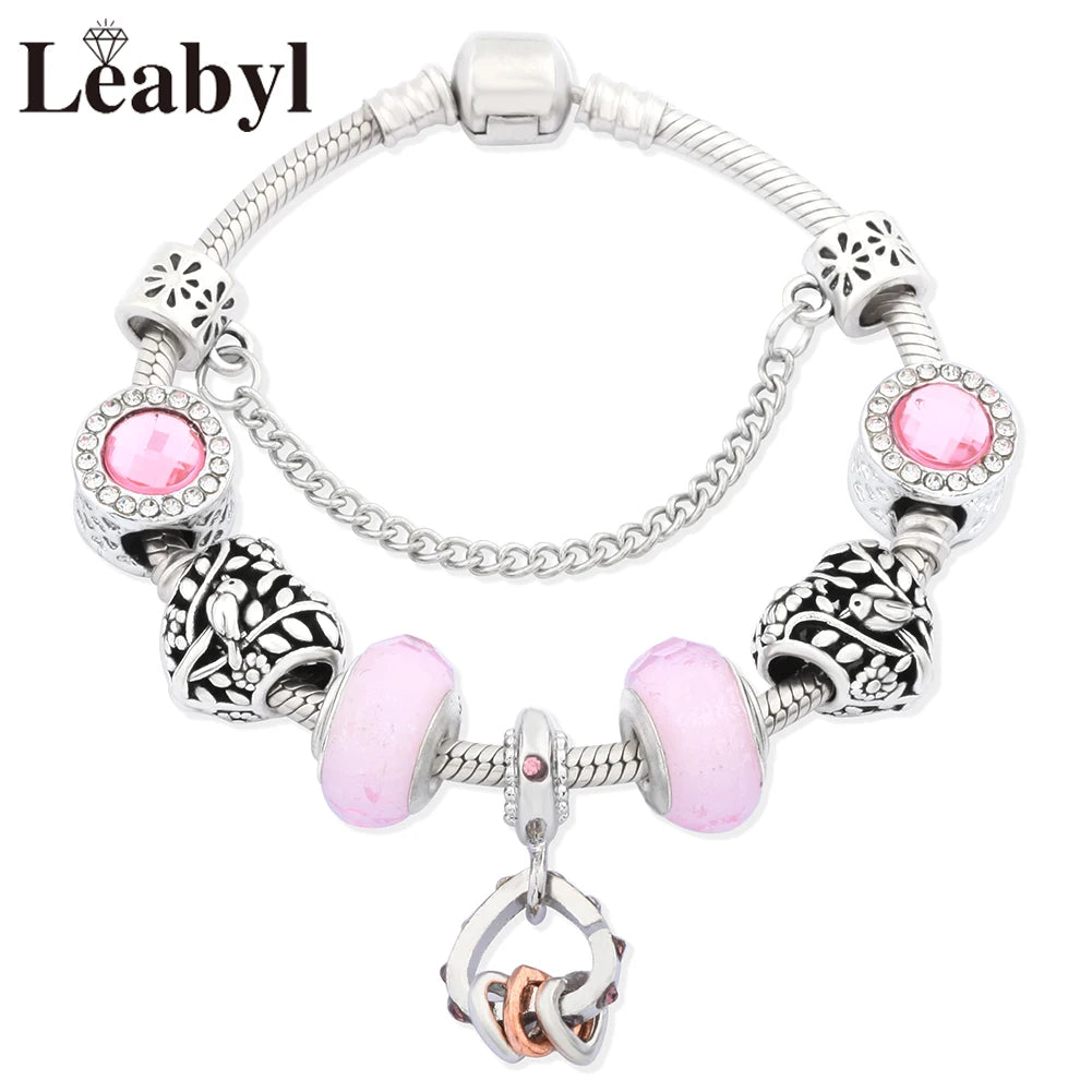 Romantic Pink Heart Charm Bracelet Fine Crystal DIY Bead Bangle Gift