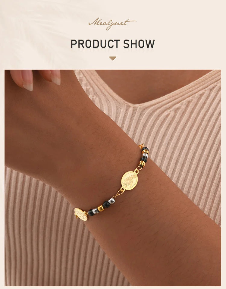 Beads Chain Virgin Mary Bracelet For Women, Stainles Steel Rosary Cross Bracelets, Gold Plated Faith Jewelry Gift