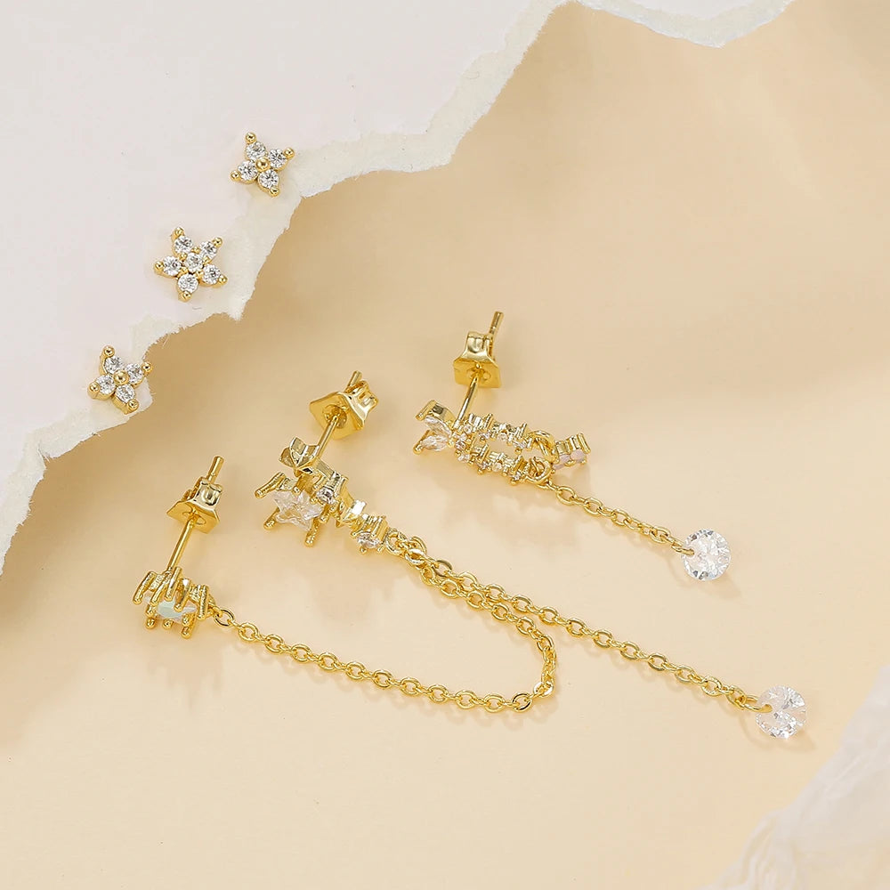 Stainless Steel Star Chain Tassel Drop Earrings 18K Gold Zircon