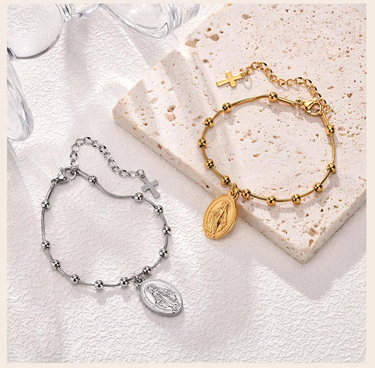 Virgin Mary Rosary Cross Bracelet for Women, Beaded Chain Stainless Steel Adjustable, Religious Jewelry
