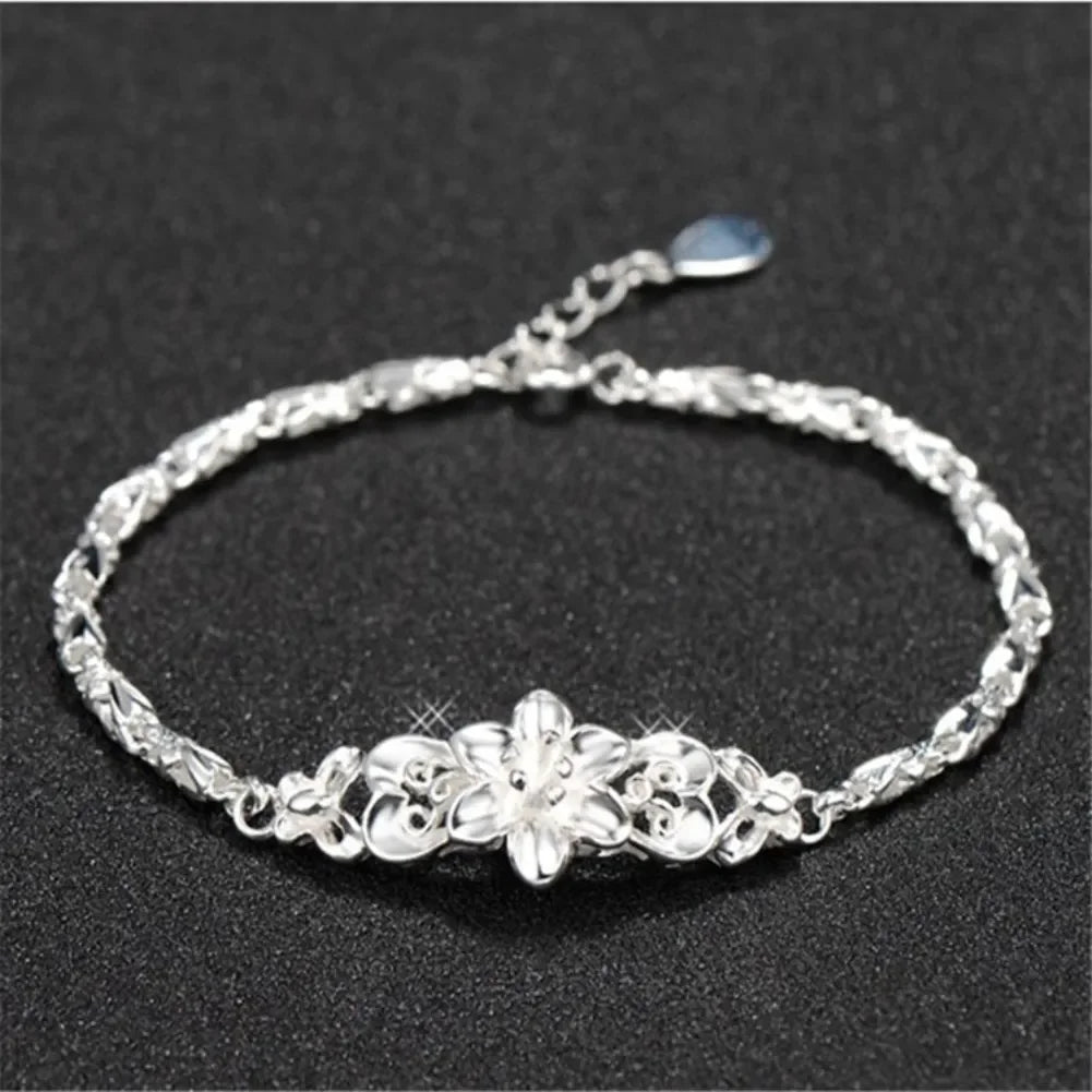 Beautiful Flowers Chain Charm Bracelet 925 Sterling Silver Women Fashion Gift