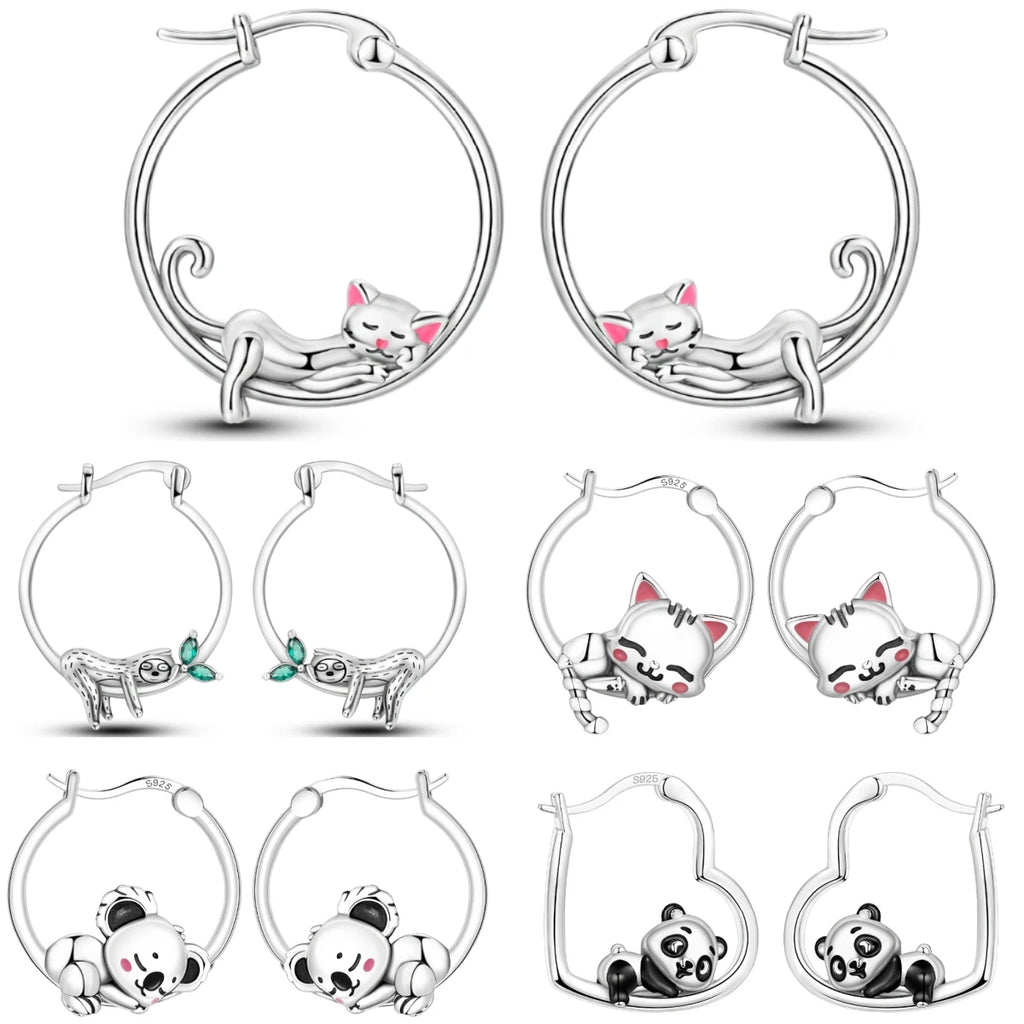 925 Sterling Silver Cute Lazy Cat Animal Pet Hoop Earrings Birthday Gift