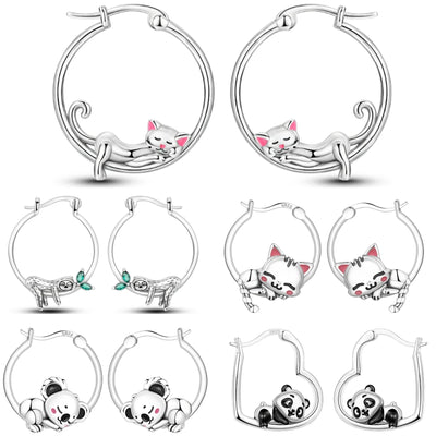 925 Sterling Silver Cute Lazy Cat Animal Pet Hoop Earrings Birthday Gift
