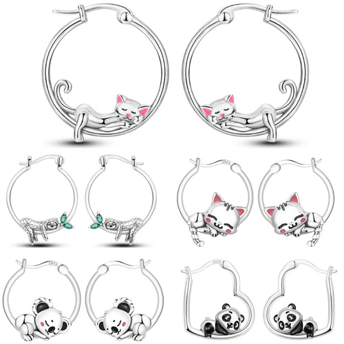 925 Sterling Silver Cute Lazy Cat Animal Pet Hoop Earrings Birthday Gift