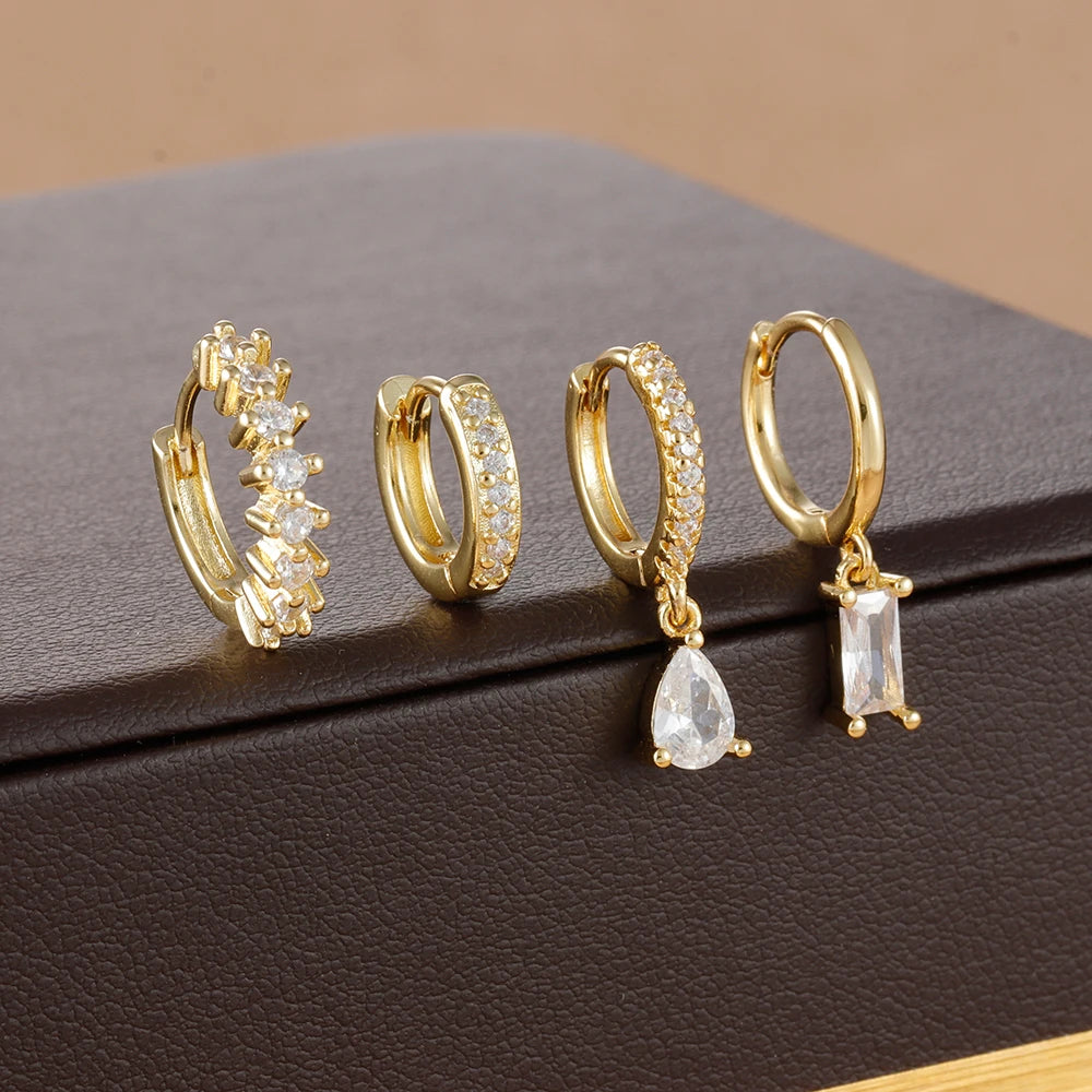 4pcs Korean Stainless Steel Zircon Water Drop Piercing Earrings Set