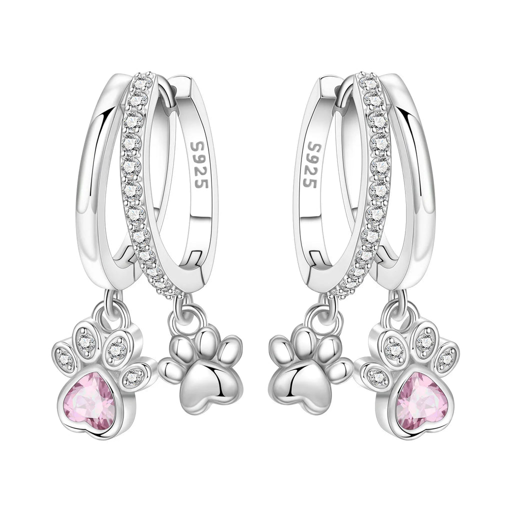 925 Sterling Silver Double Layer Pet Paw Print Drop Earrings Fashion Gift