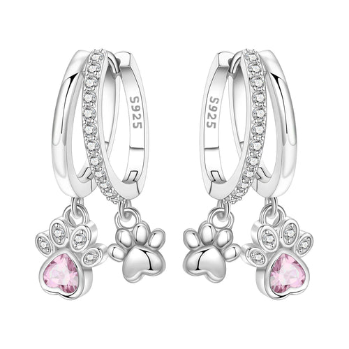 925 Sterling Silver Double Layer Pet Paw Print Drop Earrings Fashion Gift