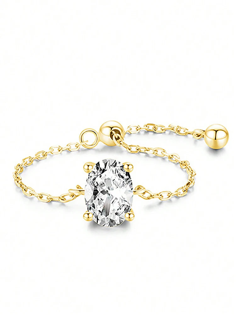 Certified Moissanite Chain Ring 1CT Oval Pear Cut Adjustable 925 Sterling Silver