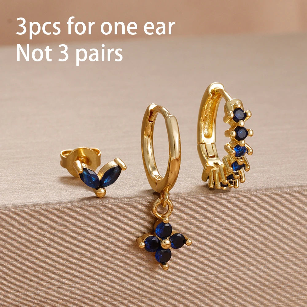 3PCS Cute Flower Stainless Steel Blue Zircons Small Hoop Earrings