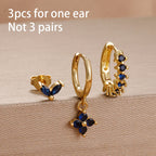 3PCS Cute Flower Stainless Steel Blue Zircons Small Hoop Earrings