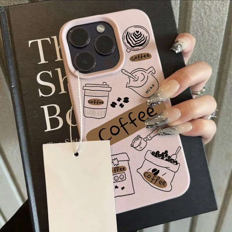 Winter Coffee Pattern Lychee Case for iPhone 17 16 15 14 Pro Max