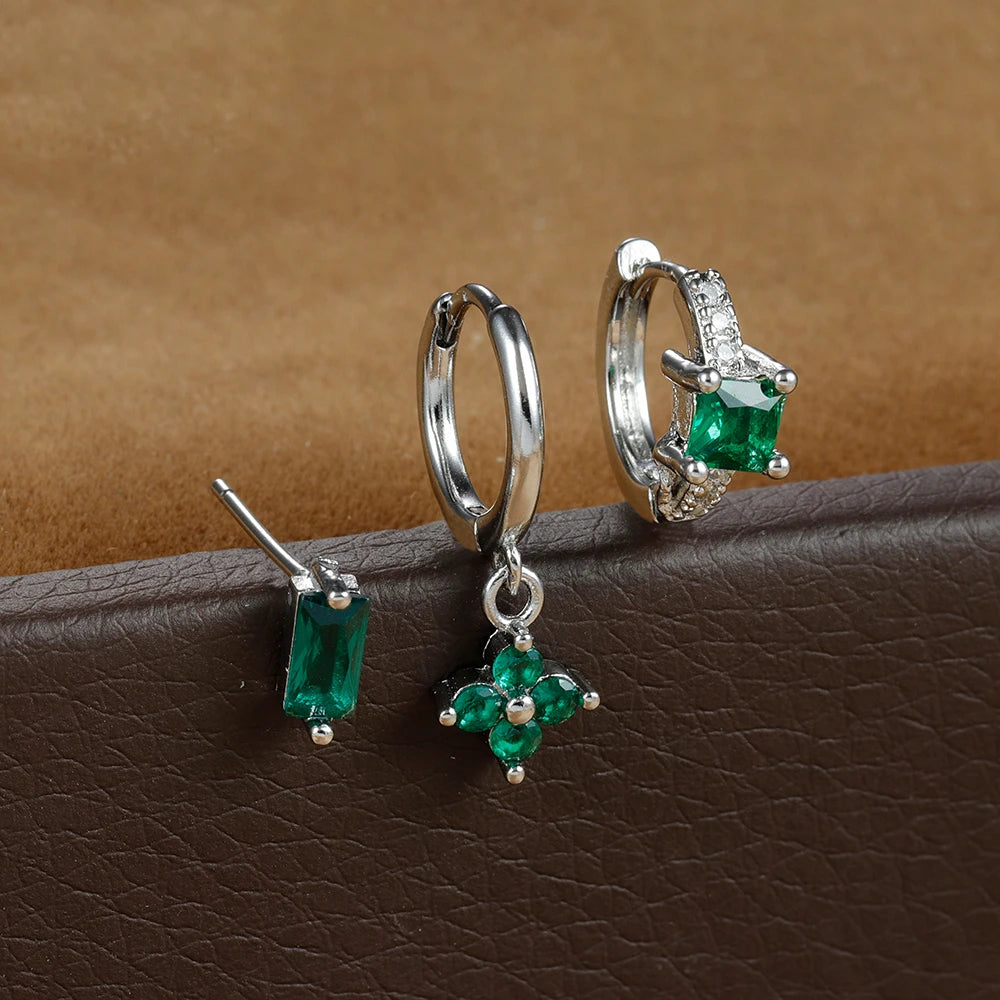 3PCS Stainless Steel Flower Crystal Zirconia Hoop Earrings Square