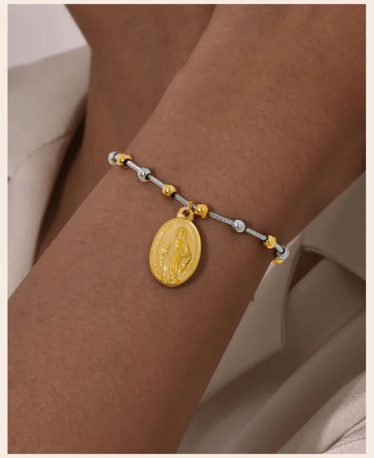 Two Tone Stainless Steel Virgin Mary Bracelet for Women, Rosary Beaded Cross Bracelets, Non Tarnish Religious Jewelry