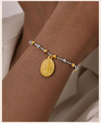 Two Tone Stainless Steel Virgin Mary Bracelet for Women, Rosary Beaded Cross Bracelets, Non Tarnish Religious Jewelry