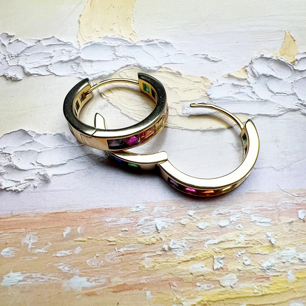 Gold Hinged Hoop Earrings Sparkling Rainbow 925 Sterling Silver Bohemia