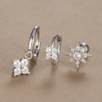 3PCS Vintage Design Four Flower Zircon Hoop Earrings Set Steel