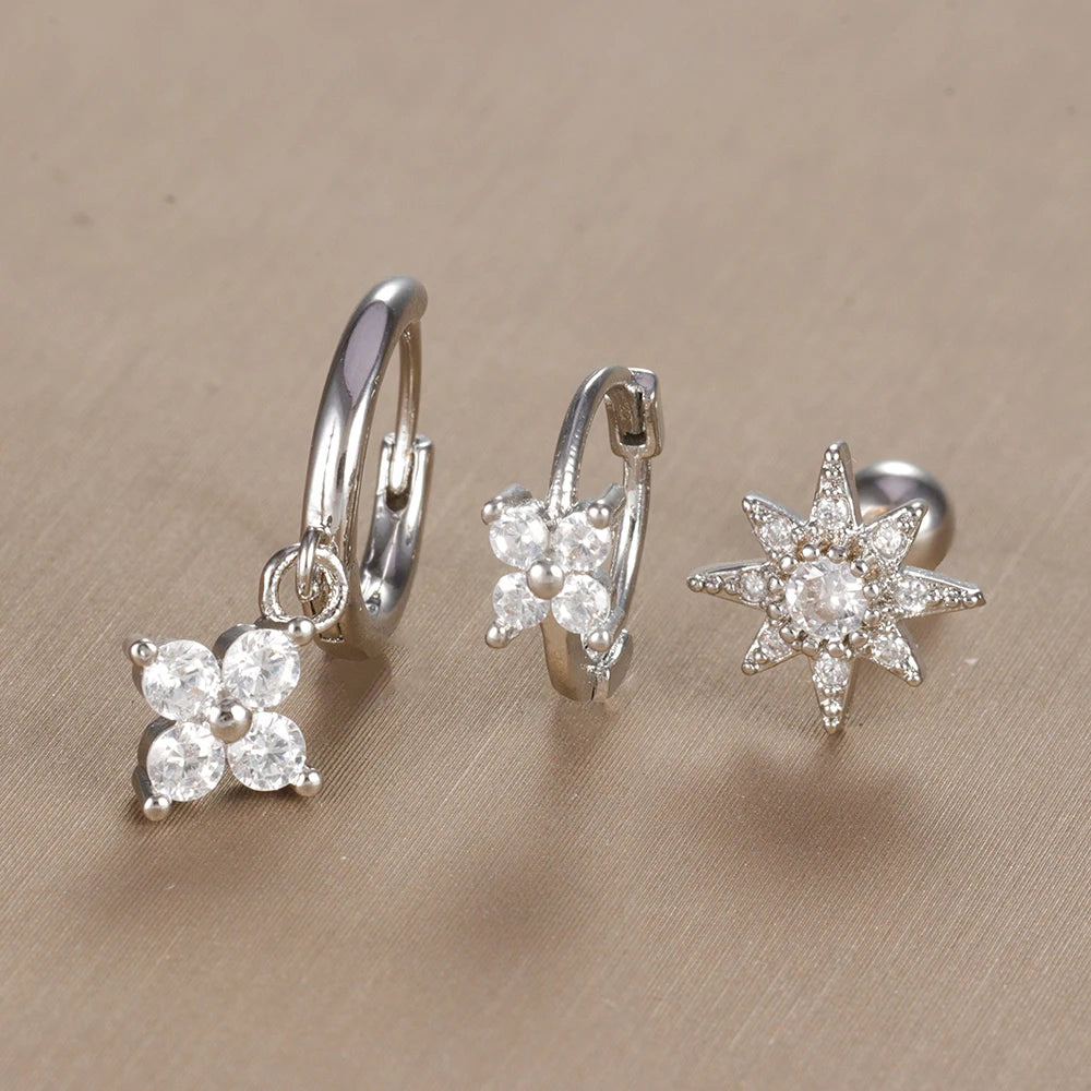 3PCS Vintage Design Four Flower Zircon Hoop Earrings Set Steel