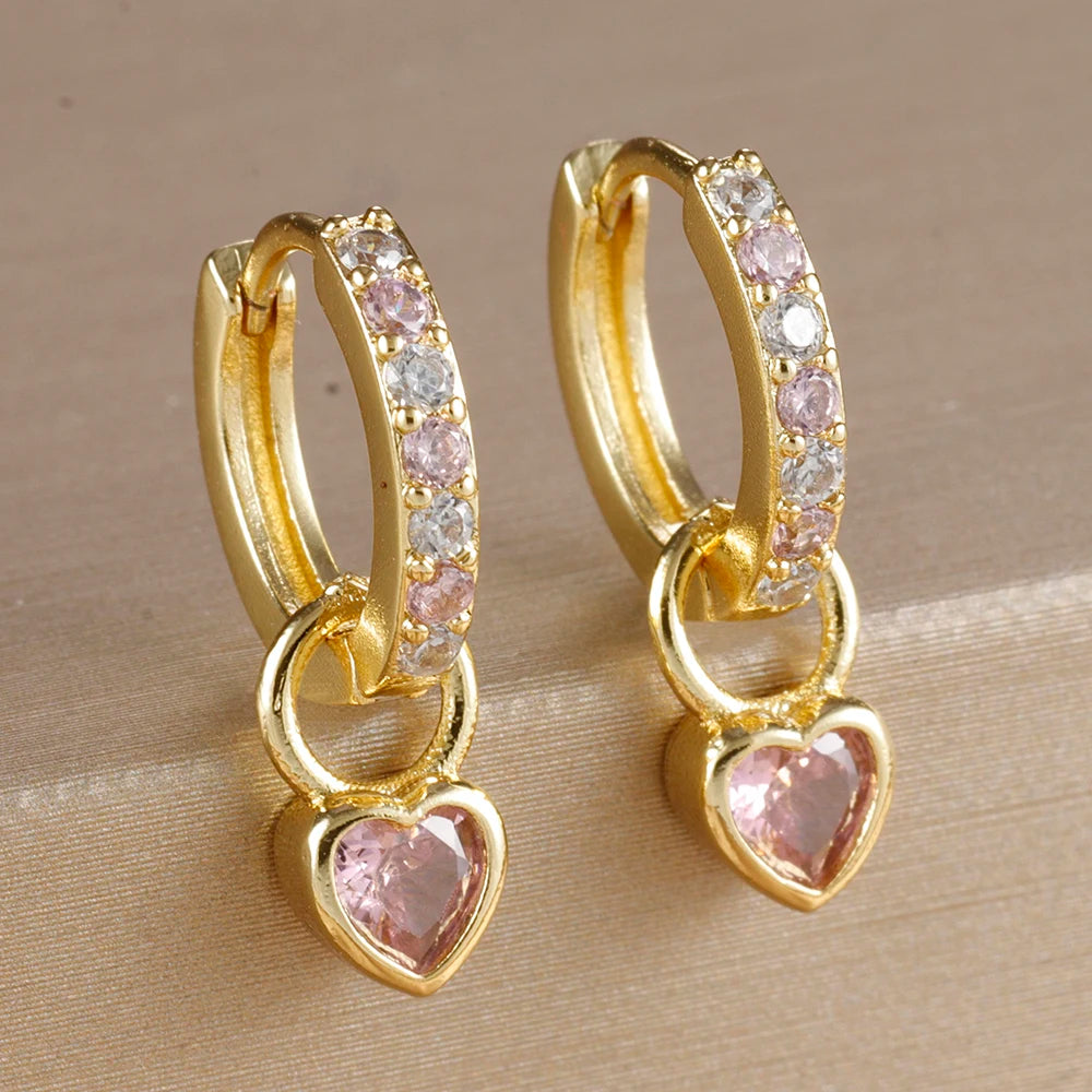 2PCS Luxury Colourful Heart Pendant Earrings Multicolor Zircon Hoops