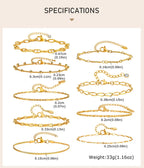Gold Plated Link Bracelet for Women, Stainless Steel Stackable Chain Wristband, Adjustable Waterproof Jewelry