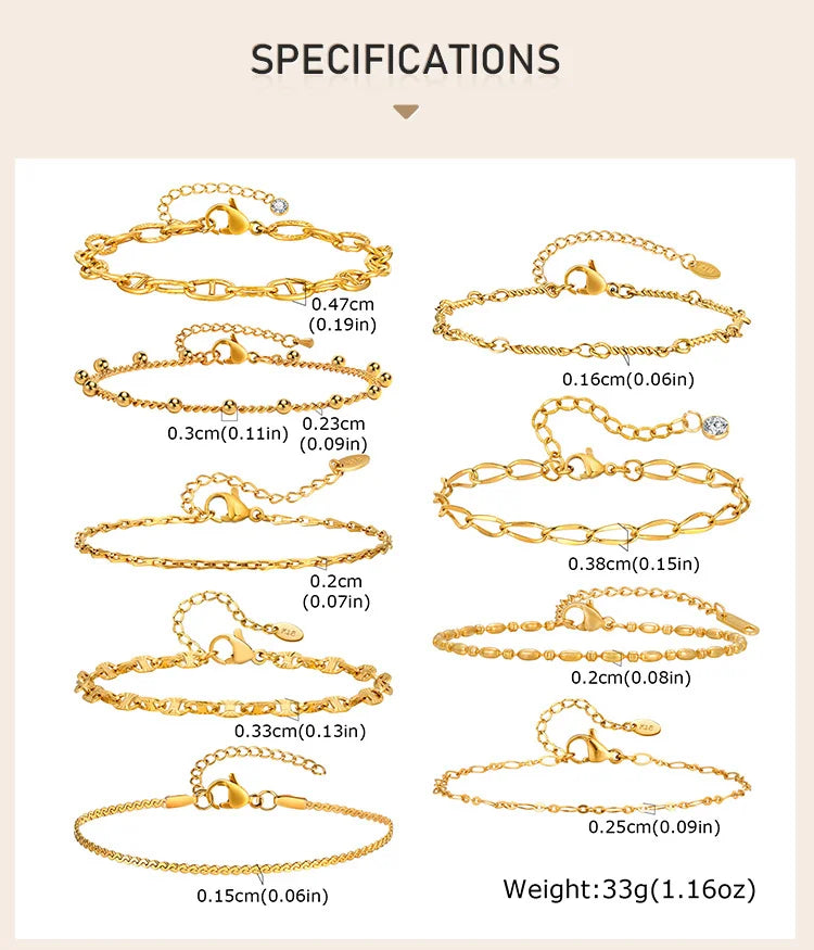 Gold Plated Link Bracelet for Women, Stainless Steel Stackable Chain Wristband, Adjustable Waterproof Jewelry