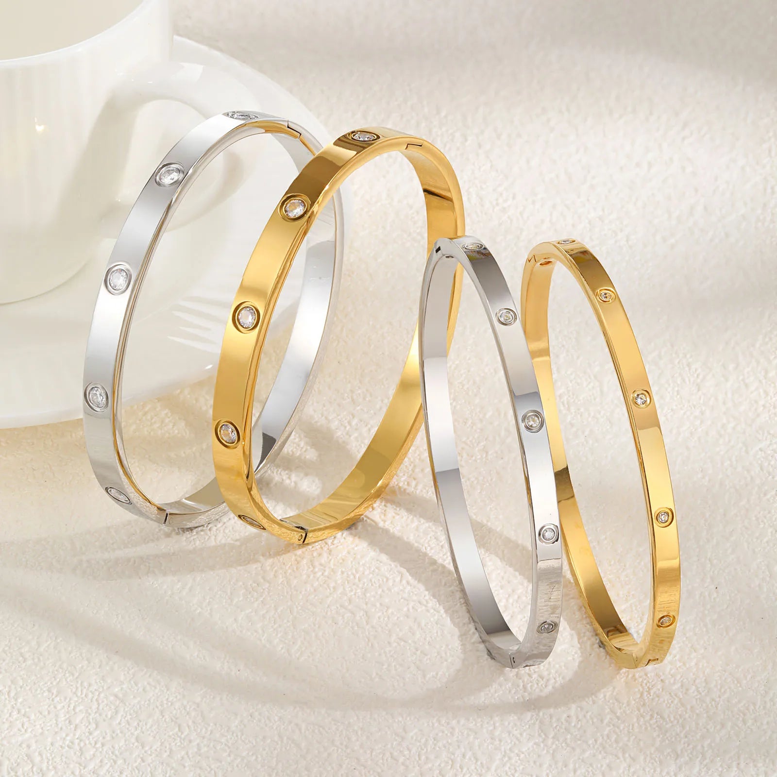 Cubic Zirconia Love Friendship Bracelets,6mm 4mm Women Bangles With CZ Stones, 18K Gold Plated Stainless Steel Jewelry