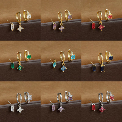 3PCS Stainless Steel Flower Crystal Zirconia Hoop Earrings Square