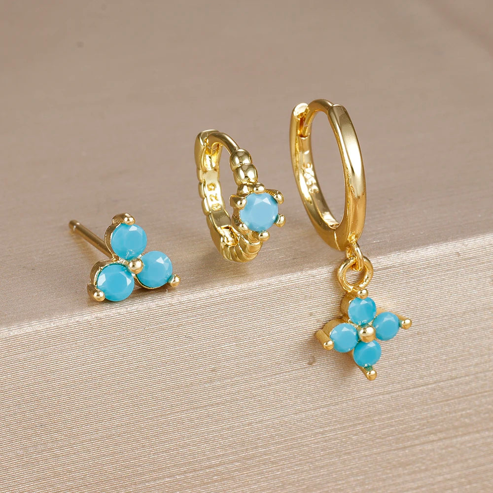 3PCS Gold Plated Chain Zircon Hanging Earrings Stainless Steel Flower