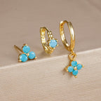 3PCS Gold Plated Chain Zircon Hanging Earrings Stainless Steel Flower