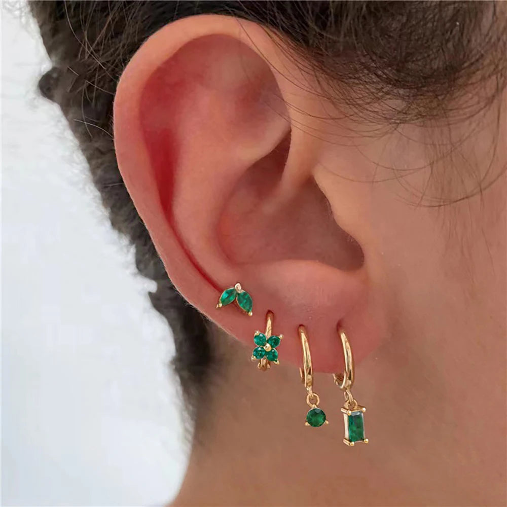 4PCS Green Crystal Zircon Stainless Steel Hoop Earrings Square Set